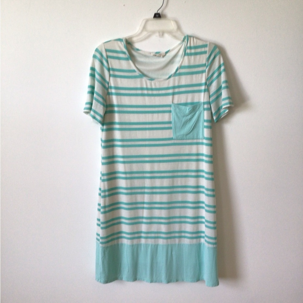 2/$12 Striped Teal and White T-Shirt Dress